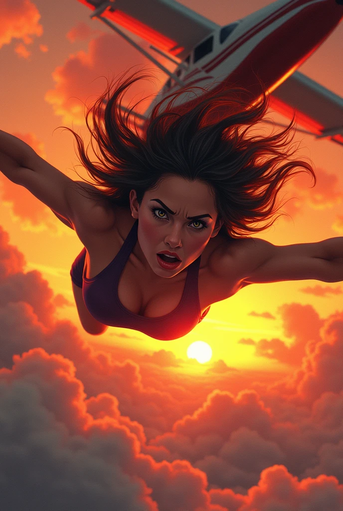 Create an art style illustration of a woman falling from the sky from a small plane at sunset and you can see the wind hitting her face hard and the adrenaline in her eyes.