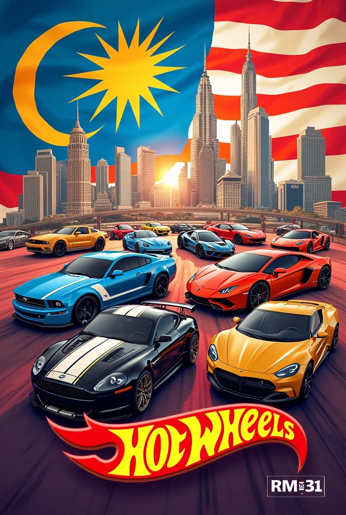 Selling hotwheels poster with theme of Malaysia Merdeka Day
Put this sentences on top of the image
“each lot RM31“