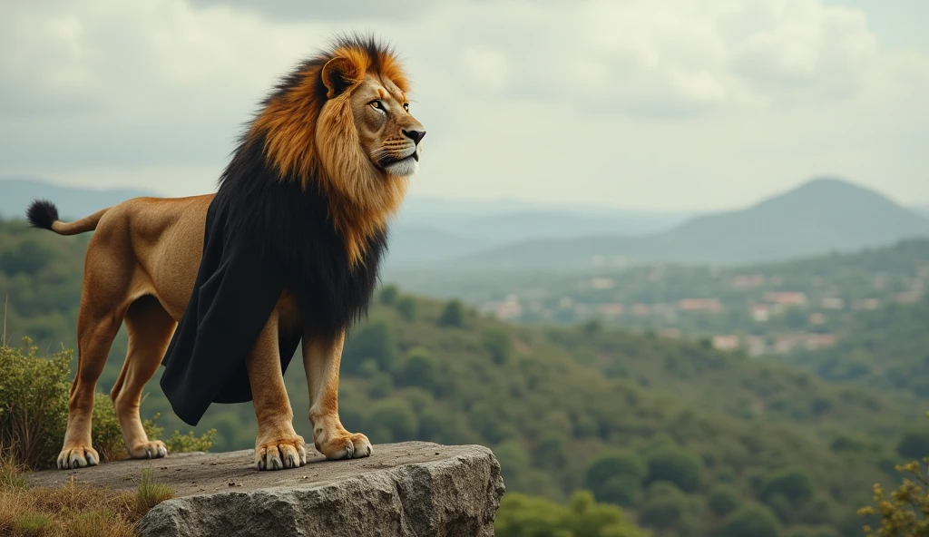 A beautiful animal kingdom. A brave Lion standing on a rock watching his kingdom. And the loin wearing Blake and white gentleman suit