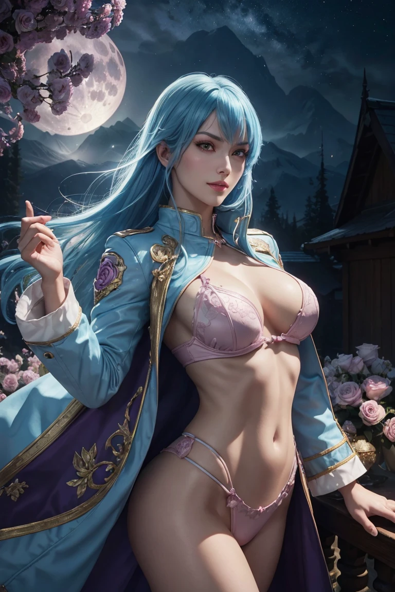 KOF,King of Fighters,Cooler･diamond,woman,Red Eyes,Light Blue Hair,long hair,Purple long jacket,Beautiful white skin,Photorealistic,Ultra HD,high quality,masterpiece,Digital SLR,Detailed details,Intricate details,Anatomical basis,Depicted in detail,A detailed face,Realistic skin texture,Vivid details,Perfect Anatomy,Perfect Anatomy,Anatomically correct hand,Anatomically correct fingers,Super Detail,Complex 3D rendering,Sexy pose,Fantasy worldview,Beautiful pale full moon,,Beautiful night sky,The petals of the ice rose flutter,Picturesque,Pink Lips,smile,