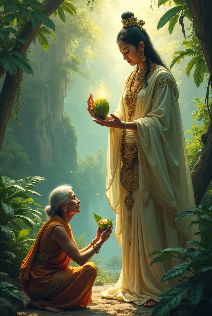 A god giving wish to a old women holding a food in bananna leaf 