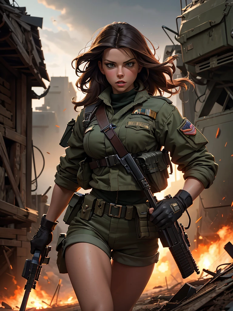 a beautiful busty Kate Beckinsale, army uniform, short shorts, tied wet t-shirt, battlefield scene, realistic, photorealistic, photo-realistic:1.37, best quality,4k,8k,highres,masterpiece:1.2,ultra-detailed,HDR,UHD,studio lighting,ultra-fine painting,sharp focus,physically-based rendering,extreme detail description,professional,vivid colors,bokeh,cinematic lighting,dramatic shadows,moody atmosphere,heroic action pose,gritty military setting,intricate details,military equipment,dust and debris,cloudy sky,warm color palette
