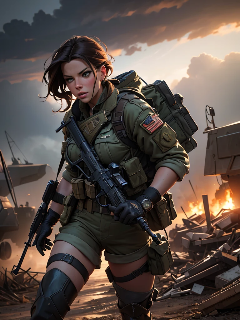 a beautiful busty Kate Beckinsale, army uniform, short shorts, tied wet t-shirt, battlefield scene, realistic, photorealistic, photo-realistic:1.37, best quality,4k,8k,highres,masterpiece:1.2,ultra-detailed,HDR,UHD,studio lighting,ultra-fine painting,sharp focus,physically-based rendering,extreme detail description,professional,vivid colors,bokeh,cinematic lighting,dramatic shadows,moody atmosphere,heroic action pose,gritty military setting,intricate details,military equipment,dust and debris,cloudy sky,warm color palette