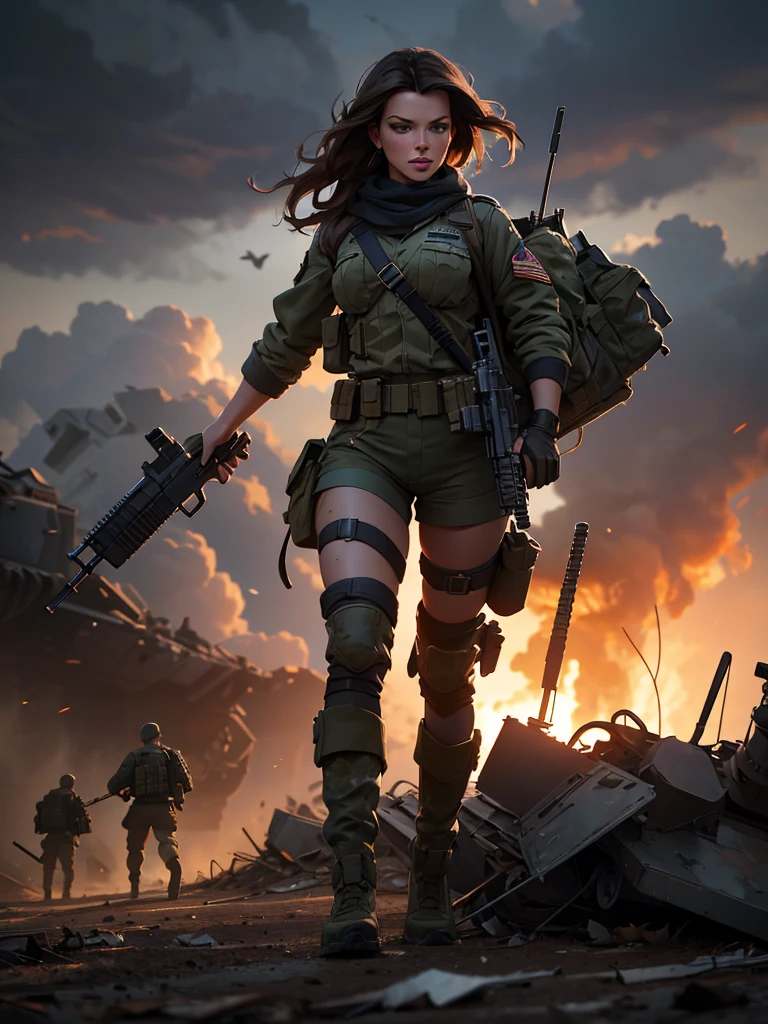 a beautiful busty Kate Beckinsale, army uniform, short shorts, tied wet t-shirt, battlefield scene, realistic, photorealistic, photo-realistic:1.37, best quality,4k,8k,highres,masterpiece:1.2,ultra-detailed,HDR,UHD,studio lighting,ultra-fine painting,sharp focus,physically-based rendering,extreme detail description,professional,vivid colors,bokeh,cinematic lighting,dramatic shadows,moody atmosphere,heroic action pose,gritty military setting,intricate details,military equipment,dust and debris,cloudy sky,warm color palette