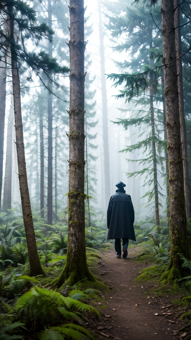 Licantén's Enchanted Forest: A mystical portrayal of a dense, foggy forest near Licantén, where ancient trees are said to whisper old tales. The forest is illuminated by soft, ethereal light filtering through the thick canopy. In the distance, a shadowy figure, perhaps a mythical being from local legends, moves silently among the trees, adding an element of mystery to the scene.