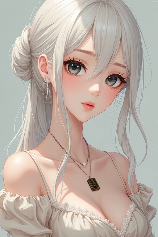 Anime girl Long and white, with a silky, shiny texture that reflects light with a silvery tone. She tends to keep them loose, allowing them to fall in natural waves over her back, or tied up in an elegant bun with a few loose strands that frame her face. Eyes: Large and deep black, with an intense shine that reflects her nature curious and her intellectual spirit. Her eyes have an almost ethereal quality, expressing both the wisdom gained from books and the innocence of her youth.Skin: Clear and flawless, with a pale tone that contrasts softly with the dark color of her eyes and hair. Her skin has a smooth, well-cared-for appearance, enhanced by a care regimen appropriate to her social standing. Attire: Selene prefers elegant, understated clothing that reflects her love of books and her reserved nature. She wears simple but sophisticated dresses, usually in neutral tones like white, gray or light blue. Dresses are adorned with subtle details, such as delicate lace or small pearls, and often have classic cuts that enhance your graceful posture. Height and Body: Average height and with a slender, well-proportioned body. Her bearing is elegant and confident, with a posture that demonstrates both her respect for others and a calm self-confidence. Facial Expression: Selene has an often contemplative and serene expression, reflecting her reserved nature and her deep dedication to reading. Her black eyes can light up with curiosity or soften with an expression of empathy, depending on the situation.Special Features:Accessories: Selene is known for wearing a simple necklace with an old book pendant, which symbolizes her passion for reading and her desire to explore new worlds through stories.