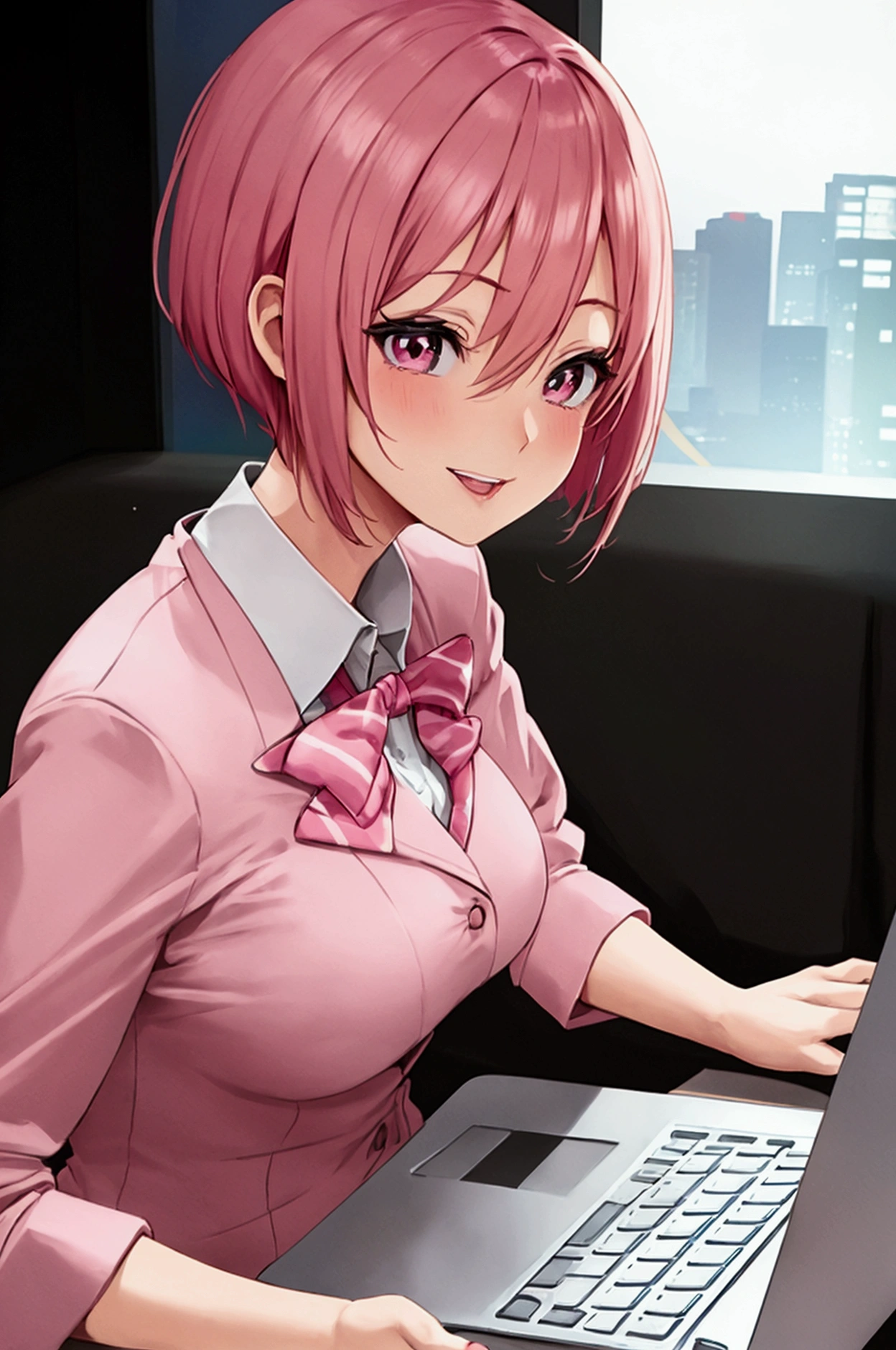 "A close-up, manga-style illustration of a girl in an office lady suit with a pink, very short haircut, laughing while using a laptop at a bar at ht. The image should focus on her upper body, particularly from her chest to her face. The art should be of the highest quality, masterpiece level, with a very aesthetic and beautiful appearance."