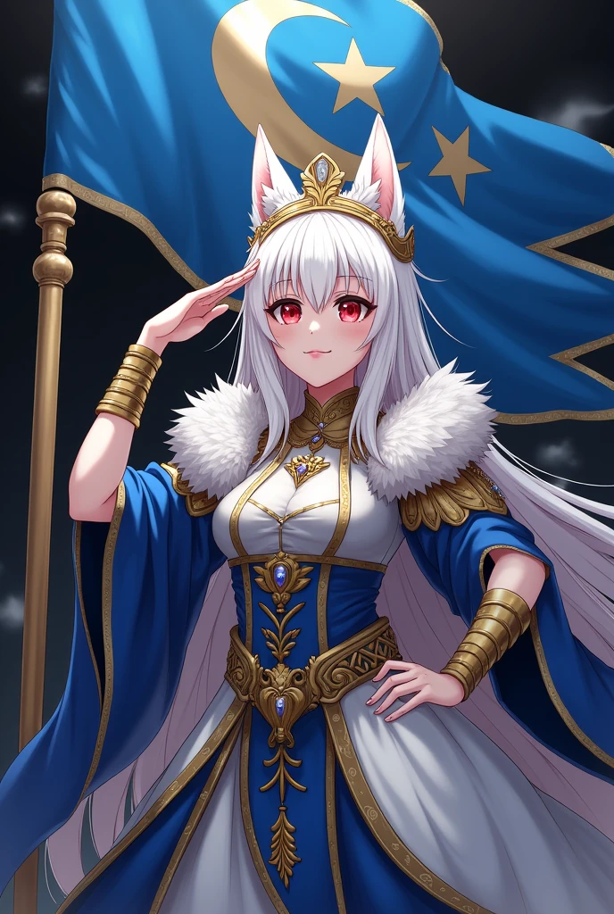 A white-haired woman with ruby red eyes wearing a queen's attire and a crown, saluting the flag of the NineTails Fox race ,animE art,,Black clothes ,The color of the flag is blue