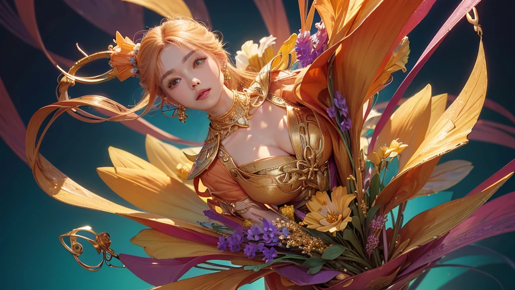 32K, 最高quality, 最高masterpiece, (ultra-Detailed Background, Detailed Background), High resolution, Super detailed, Very detailedな, 1 personの, (bouquet:1.3), (Tangled:1.2), (Geometric:1.2),(colorful),(masterpiece, quality, best quality, Official Art, Beautiful and beautiful:1.2), (1 person:1.3), Very detailed,(colorful:1.1)(Flowers:1.3),Most detailed,(Tangled:1.2), whole body, (Abstract background:1.3), (Skin glows), (Many colors:1.4), ,(Earrings Jewelry:1.5), Pale Orange Background, It's imaginative., Flaxen Hair,