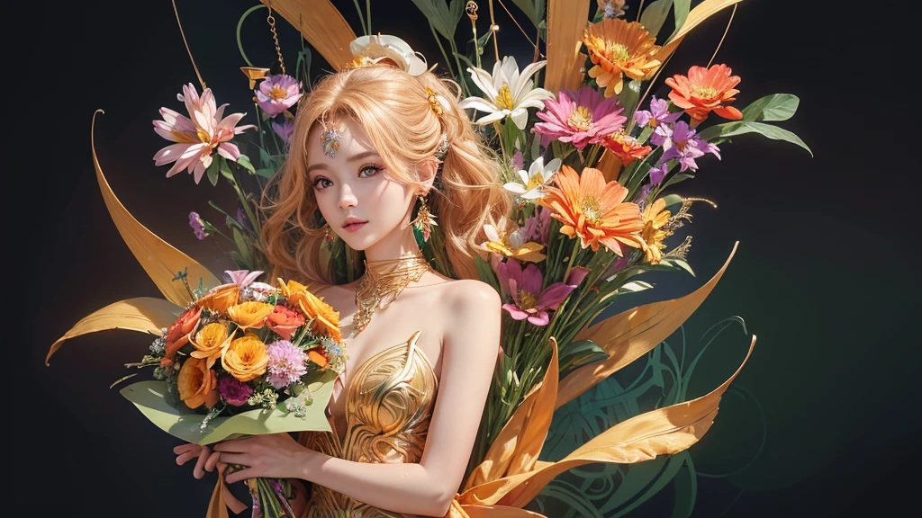 32K, 最高quality, 最高masterpiece, (ultra-Detailed Background, Detailed Background), High resolution, Super detailed, Very detailedな, 1 personの, (bouquet:1.3), (Tangled:1.2), (Geometric:1.2),(colorful),(masterpiece, quality, best quality, Official Art, Beautiful and beautiful:1.2), (1 person:1.3), Very detailed,(colorful:1.1)(Flowers:1.3),Most detailed,(Tangled:1.2), whole body, (Abstract background:1.3), (Skin glows), (Many colors:1.4), ,(Earrings Jewelry:1.5), Pale Orange Background, It's imaginative., Flaxen Hair,