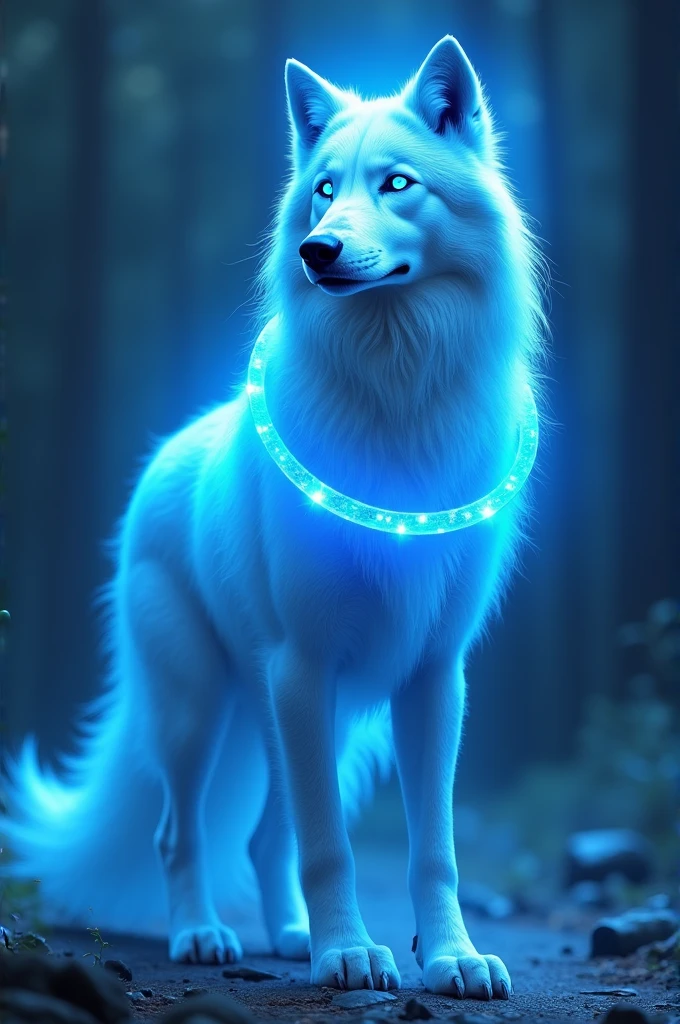 a blue wolf with white paws, with bright white eyes, with a floating, glowing blue ring around his neck, with a bright blue halo