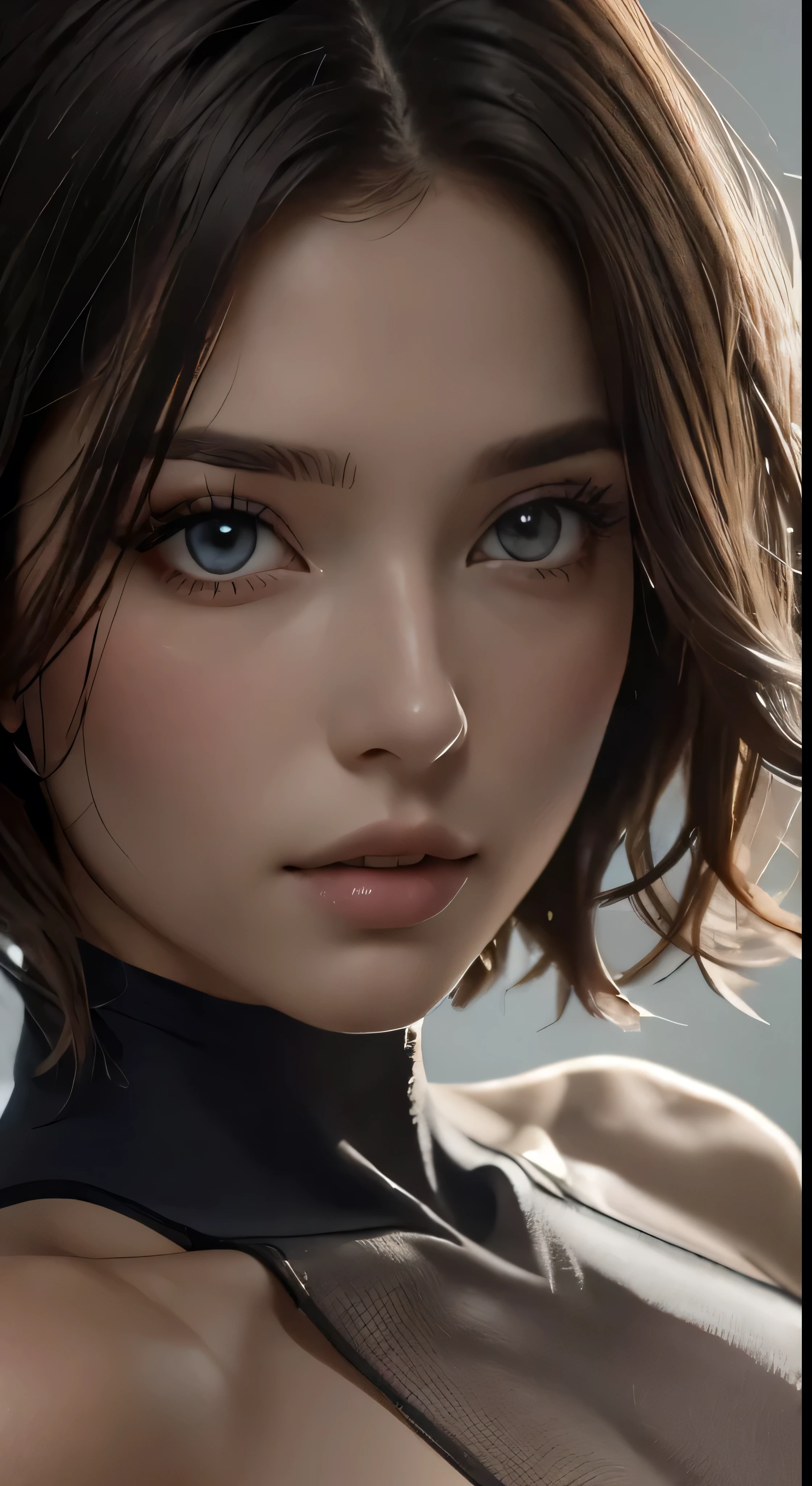 8K UHD、RAWphotograph、Model photo shoot、Russian Race, European race, (masterpiece, highest quality, photorealistic, High resolution, photograph: 1.3), Close-up, Focusing, hot models, slim, 30 year old mature woman、small face、short cut hair、dark brown hair、Detailed beautiful eyes、Real skin, (perfect body), Sexy hot face, erotic, Sexual gaze, slim, Sweat top, Detailed beautiful eyes、glossy lips、small breasts、、bust B cup、((bright light、dynamic lighting、real、超real、 Realism、realistic details、background gray、Plain gray background