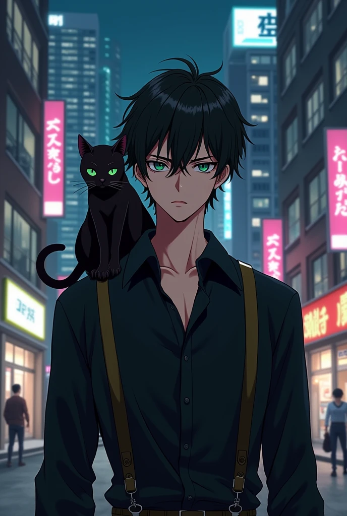 Create an realistic anime image of an adult boy wearing a black suspender with black shirt, slightly dark skinned with dark olive green eyes having a serious expression on face black bad boy style hair. A black cat sitting on his shoulder having dark green eyes. In background night life of a busy city standing at one end of the road