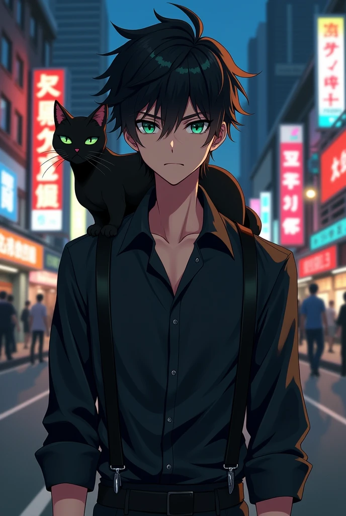 Create an realistic anime image of an adult boy wearing a black suspender with black shirt, slightly dark skinned with dark olive green eyes having a serious expression on face black bad boy style hair. A black cat sitting on his shoulder having dark green eyes. In background night life of a busy city standing at one end of the road