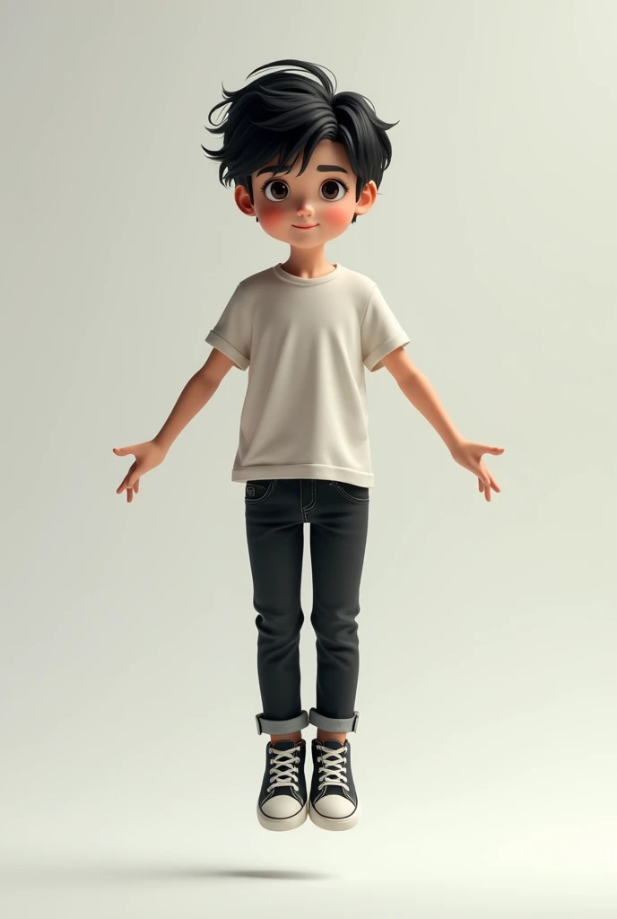 A boy whose hair is black wear a t shirt and black jins anr snickers is floating