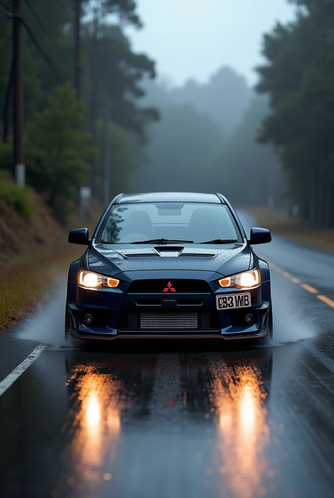 automobile,Mitsubishi lancer evolution,Tuning, omitted, front intercooler, bitumen single lane road,rain, evening, HDR, photo realistic
