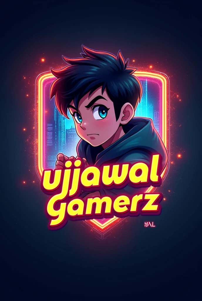 This is a gaming logo that features the name "UJJAWAL GAMERZ " in a futuristic font and a neon golden color. and Anime Boy avtar.