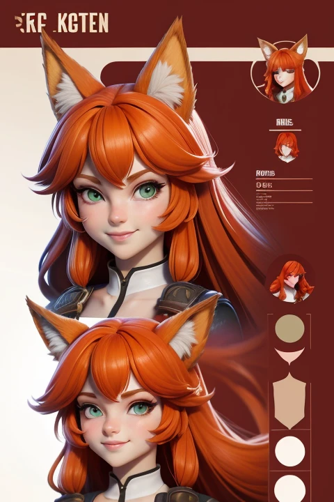 Female original character reference sheet adoptable, redhead, green eyes, long hair, looking at viewer, smile, bangs, animal ears, fox ears, fox tail