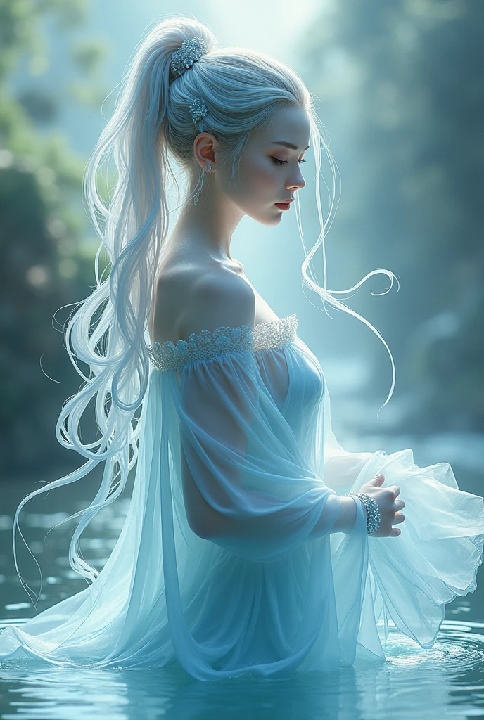 ((Highest quality)), ((masterpiece)), (detailed), Japanese women, Cover your body in water, Fantasy, Pale, delicately, Dressing Water, Wear water,Hair is water、Hair is also water、Personification of the water spirit, 浮遊感を出しFantasyに, Clothes are made of water, Make your body semi-transparent, Overall, it is transparent and mysterious., Fluid hair, Hair is waterでできている,