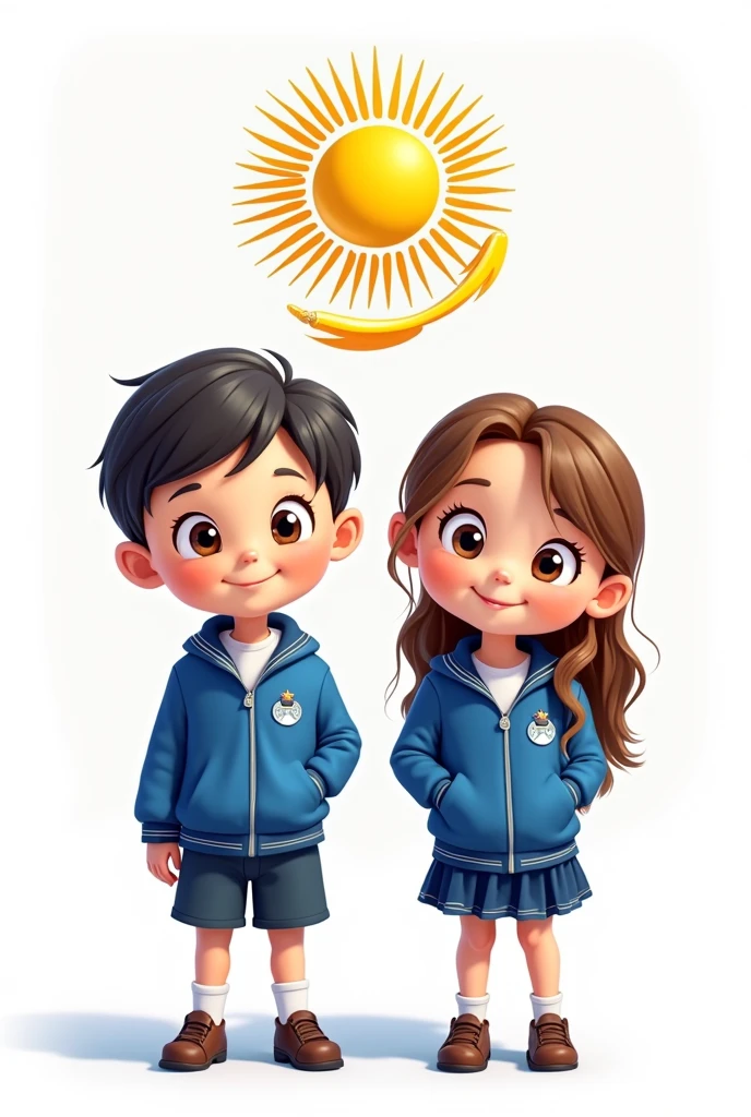 ((officially)) ((masterpiece)) ((Best quality)) ((detailed)) cartoon boy and girl in blue school uniform with emblem coat of arms of Kazakhstan on white background