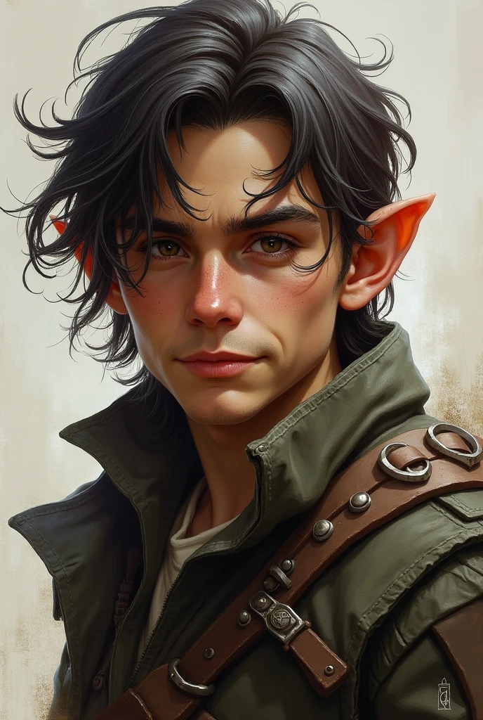 Make a Halfling male, like realistic rogue man face, with medium to long hair, small ears 