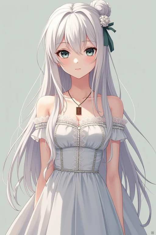 Anime girl Long and white, with a silky, shiny texture that reflects light with a silvery tone. She tends to keep them loose, allowing them to fall in natural waves over her back, or tied up in an elegant bun with a few loose strands that frame her face. Eyes: Large and deep black, with an intense shine that reflects her nature curious and her intellectual spirit. Her eyes have an almost ethereal quality, expressing both the wisdom gained from books and the innocence of her youth.Skin: Clear and flawless, with a pale tone that contrasts softly with the dark color of her eyes and hair. Her skin has a smooth, well-cared-for appearance, enhanced by a care regimen appropriate to her social standing. Attire: Selene prefers elegant, understated clothing that reflects her love of books and her reserved nature. She wears simple but sophisticated dresses, usually in neutral tones like white, gray or light blue. Dresses are adorned with subtle details, such as delicate lace or small pearls, and often have classic cuts that enhance your graceful posture. Height and Body: Average height and with a slender, well-proportioned body. Her bearing is elegant and confident, with a posture that demonstrates both her respect for others and a calm self-confidence. Facial Expression: Selene has an often contemplative and serene expression, reflecting her reserved nature and her deep dedication to reading. Her black eyes can light up with curiosity or soften with an expression of empathy, depending on the situation.Special Features:Accessories: Selene is known for wearing a simple necklace with an old book pendant, which symbolizes her passion for reading and her desire to explore new worlds through stories. Full body