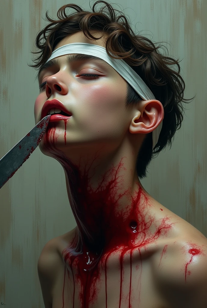 Indonesia A beautiful knife cut throat A boy handsome neck bloody splash, blindfold, full body, wide open throat contents