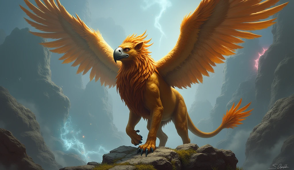 a creature with eagle head, wings and lion body. griffin