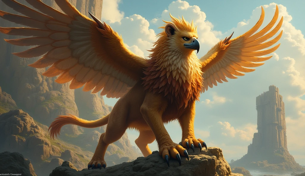 a creature with eagle head, wings and lion body. griffin