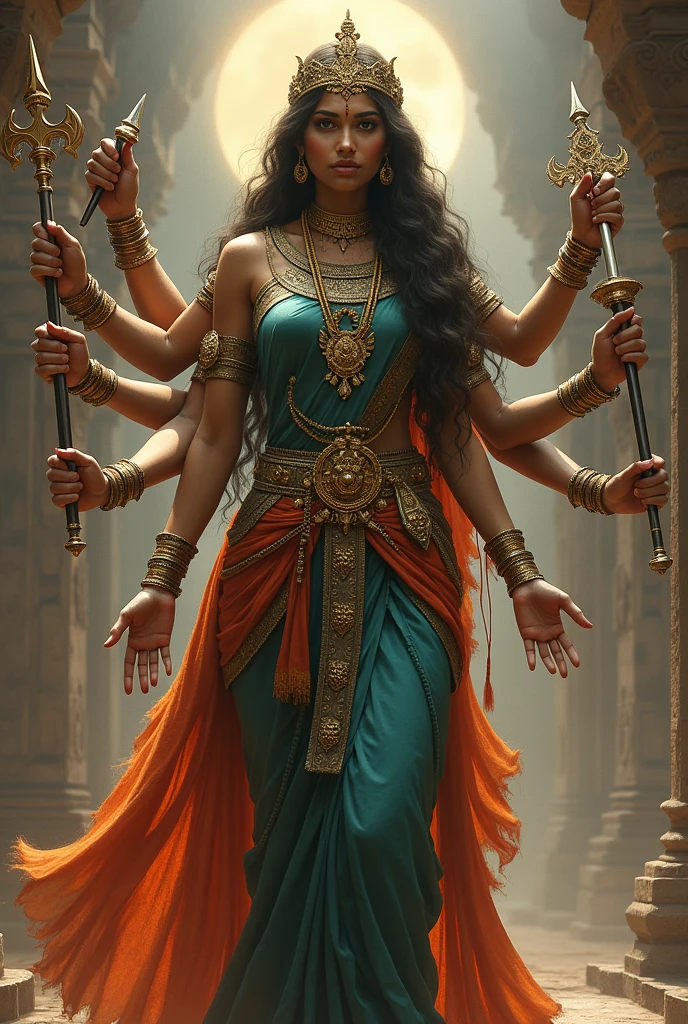 A Indian lady Doctor who has also an appearance of Devi durga with his 10 hand and weapons.