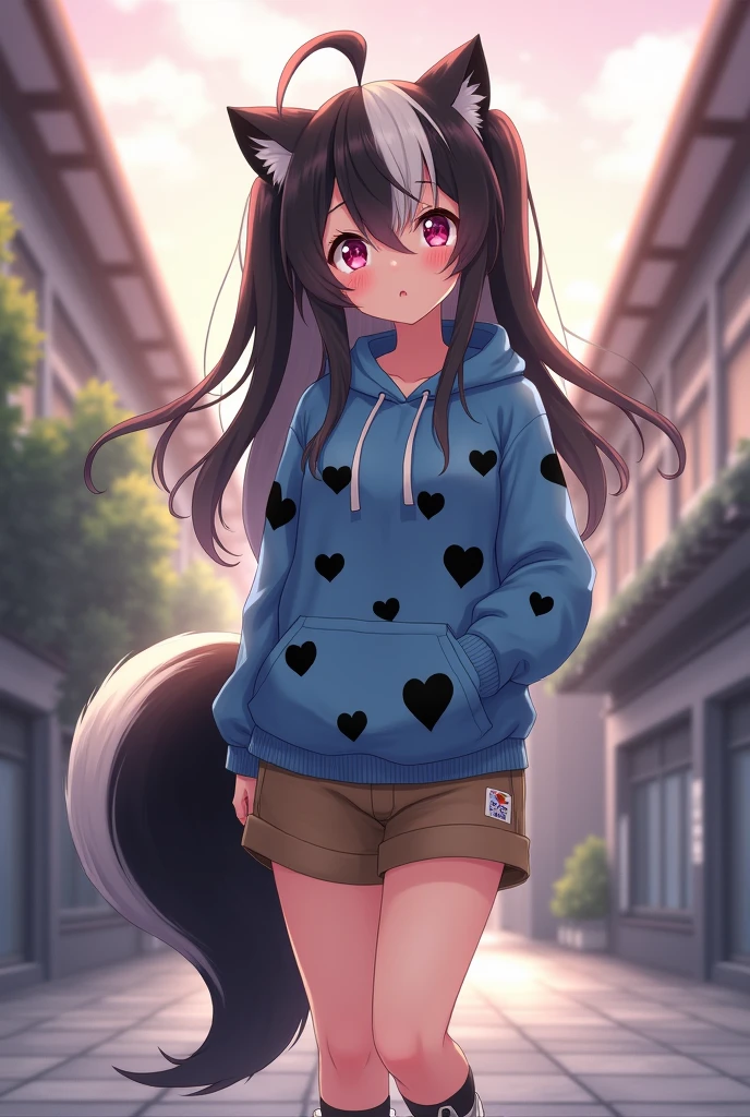 Beautiful 1 skunk girl. Teenager high school. Anime lesbian Skunk girl with ears and tail. Lesbian Skunk girl with ears and tail blushes and cries being in love with cute lesbian girl like you and she wanna tell you She is a futa and you said you like futa girls so she says "I love you". High school teenager. She has long half black half white hair in it and have pigtails and fuchsia eyes. She wears a blue hoodie with black hearts on it, brown shorts with shape of small cock inside and white sneakckers and black shocks. She blushes and cries being in love with cute lesbian girl like you and she wanna tell you She is a futa and you said you do like futa girls so she says "I love you" .