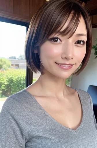 (Highest quality、4K、8k、High resolution、masterpiece:1.2)、Very detailed、(Genuine、Realistic、Realistic:1.3)、japanese women、smile、Large Breasts、short hair、(completely naked）