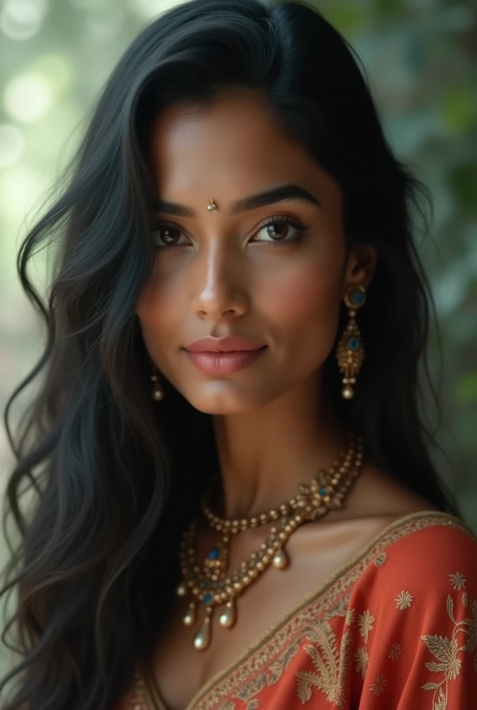 Indian Princess ai model for Instagram with long black hair, light brown complexion, sharp ace features 