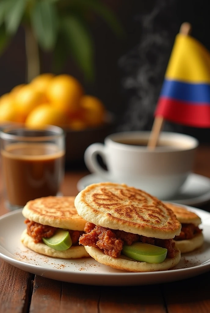 On a plate there are 3 Colombian arepas stuffed with pork rinds and avocado, A glass cup is filled with hot, steaming coffee., On the side there are some small flags of "colombia"
