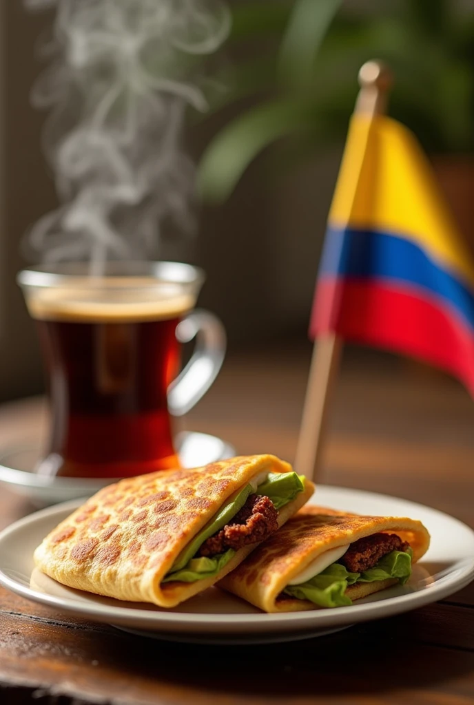 On a plate there are 3 Colombian arepas stuffed with pork rinds and avocado, A glass cup is filled with hot, steaming coffee., On the side there are some small flags of "colombia"