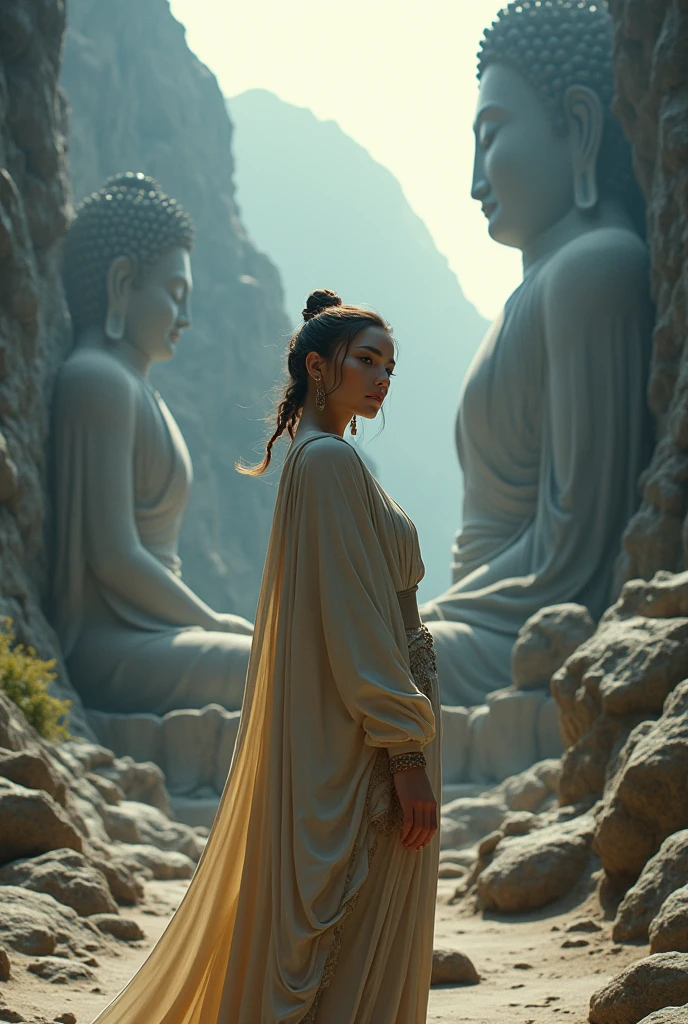 ((masterpiece, highest quality, Highest image quality, High resolution, photorealistic, Raw photo, 8K)), ((Extremely detailed CG unified 8k wallpaper)), (huge stunning goddess shot, very hot and sexy, jaw-dropping beauty, perfect proportions, beautiful body, slim body beauty:1.4), Huge stone Buddha statues carved out of rocky mountains, stone Buddha statues, beautiful faces, view from below,