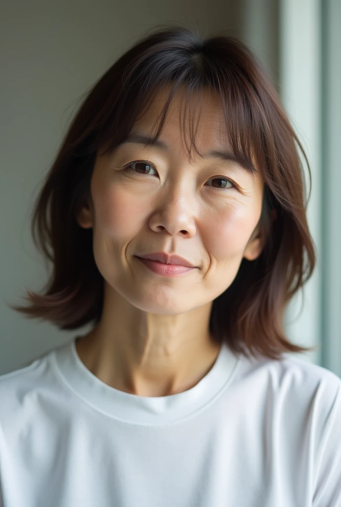 Japanese women、50 years old、Brown Hair、Hairstyle to the shoulders、T-Shirts、Bcup、Embarrassed look