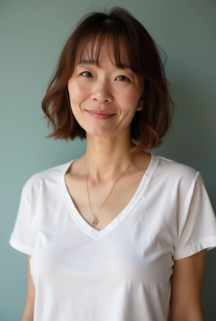 Japanese women、50 years old、Brown Hair、Hairstyle to the shoulders、T-Shirts、Bcup、Embarrassed look