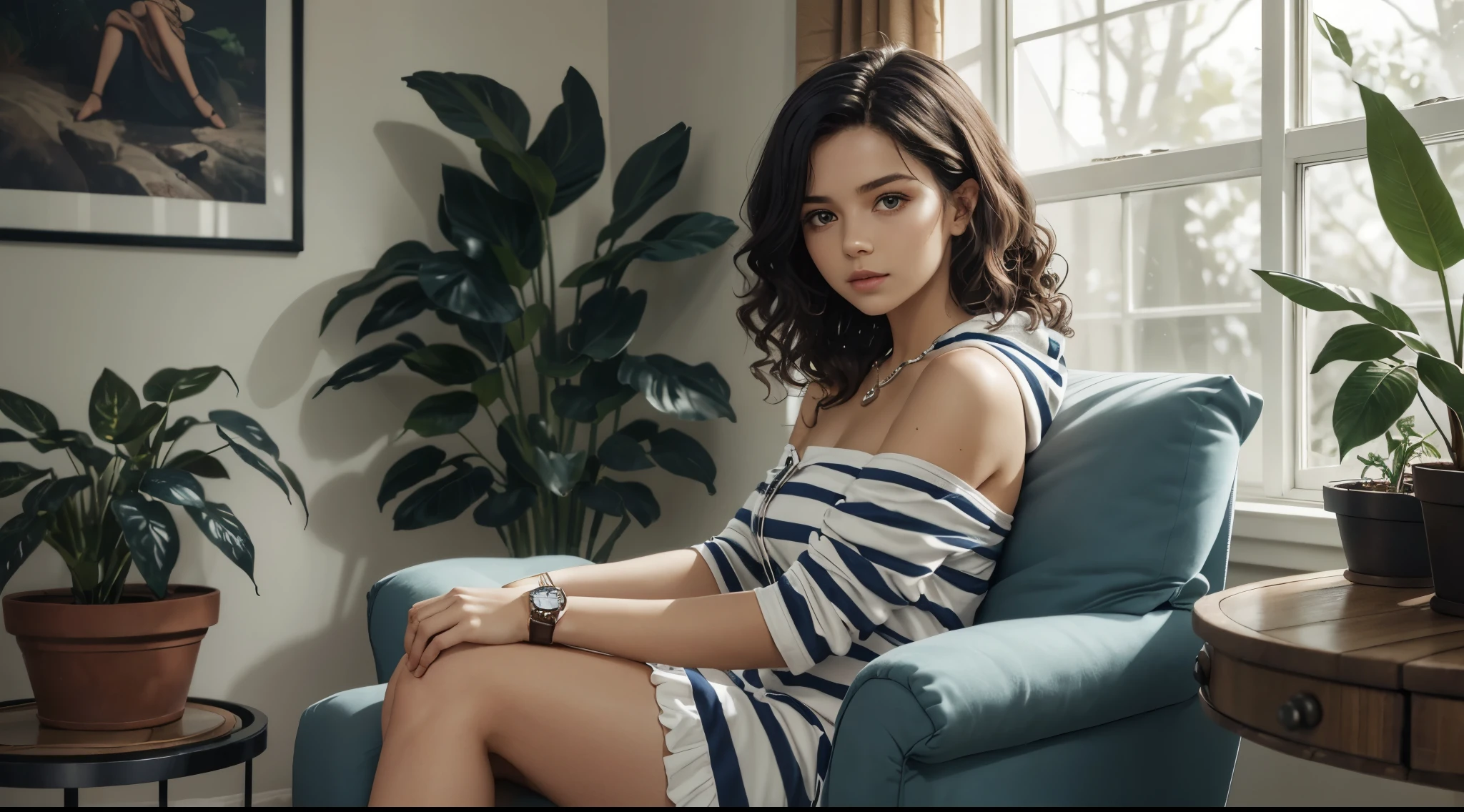 girl, sitting, from side, hand on thigh, high-back plush chair, strapless dress, (very young, cute:1.6), (breast:1.2), draped outer hoodie, detailed face, (looking at viewer:1.4), curly hair, (dry hair:1.2), long gypsy necklace, cinematic lighting, striking intense eyes, forest green theme, rich color, tailored navy blue, white stripes, rolled up sleeve, subtle wrist watch, cozy living room, sunlit, large window, few potted plants, warm, inviting,