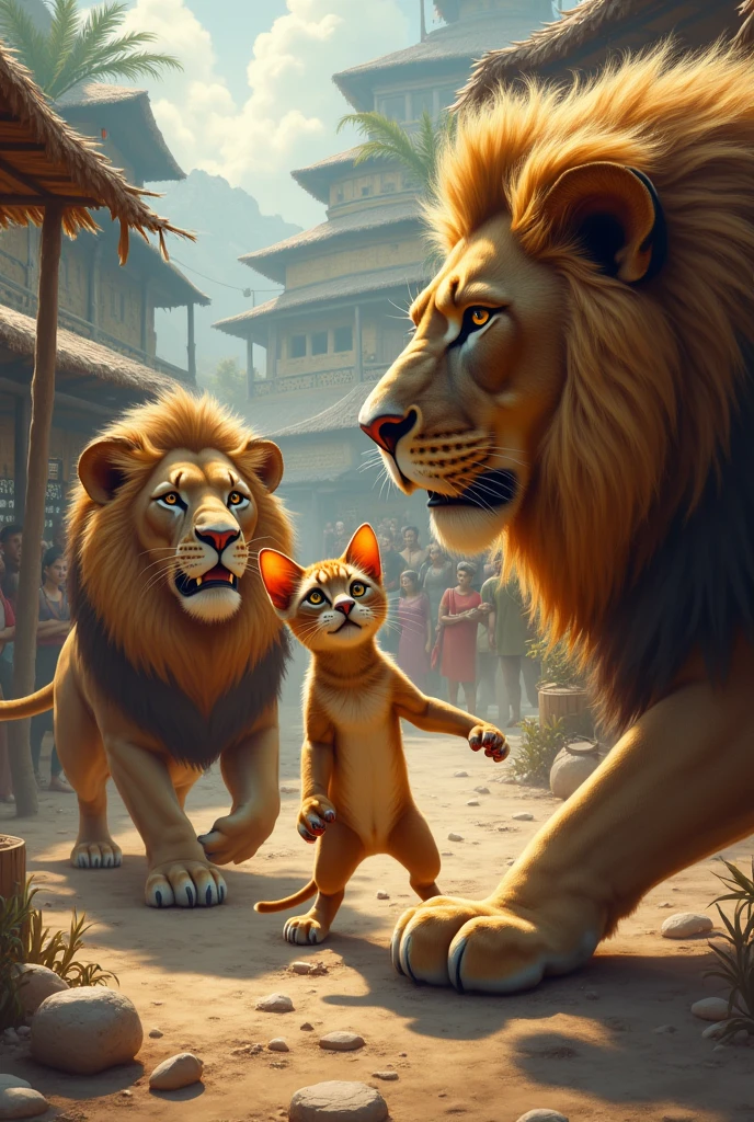 A cat kills two big lions in a village and among people