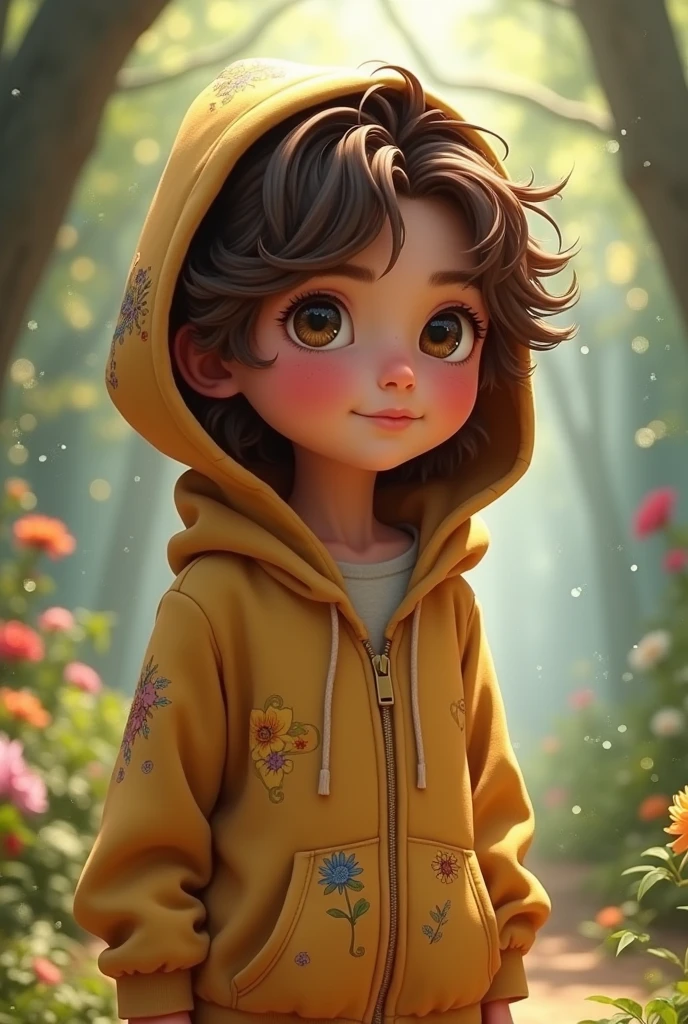 boy with long hair, Brown eyes, hoodie, as if it were from Disney