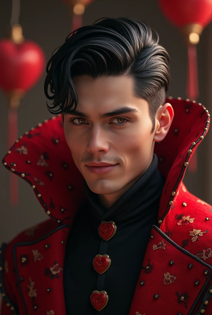 A very attractive and strong man who wears clothes with the theme of the Queen of Hearts from Alice in Wonderland. dark black hair, Vibrant honey-colored eyes, Slightly dark skin and a very flirtatious smile., quite manly.