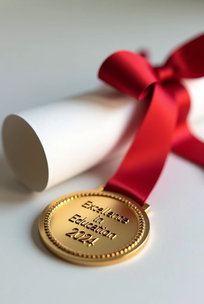 A close up of a post graduate certificate and rolled up with a red color ribbon , placed next to a shining gold medal with the inscription "EXCELLENCE IN EDUCATION"and the year 2024