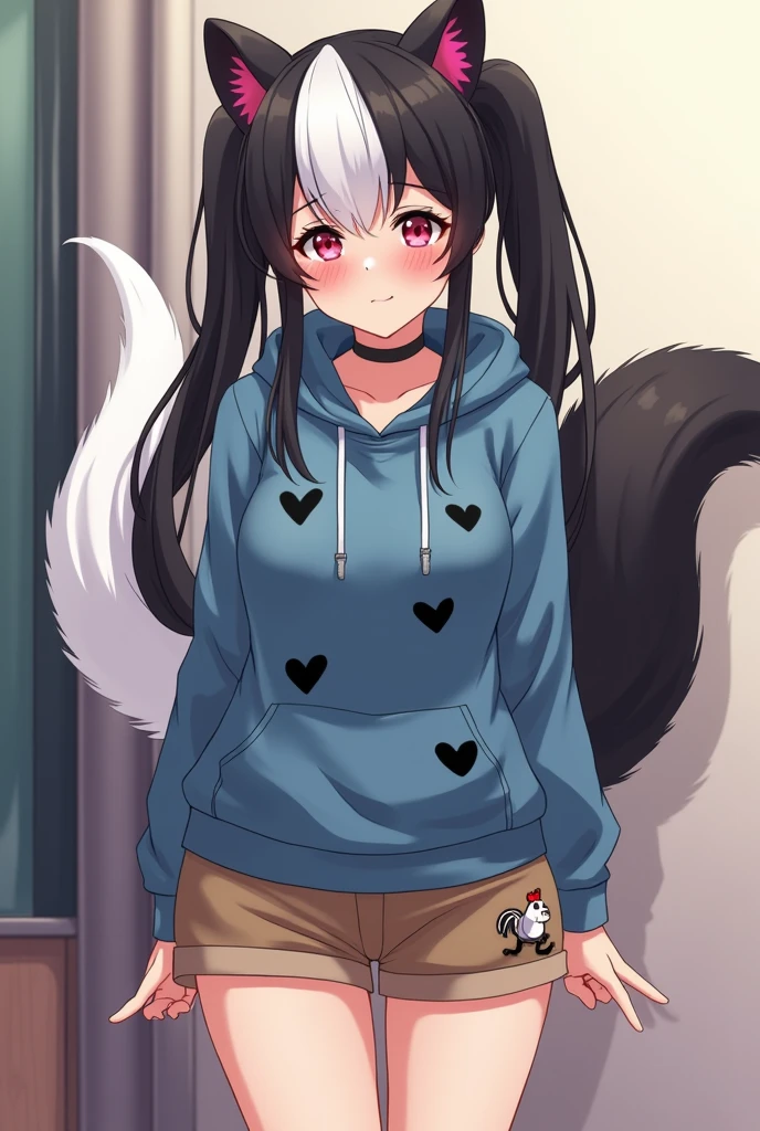 Beautiful 1 skunk girl. Teenager high school. Anime lesbian Skunk girl with ears and tail. Lesbian Skunk girl with ears and tail blushes and cries being in love with cute lesbian girl like you and she wanna tell you She is a futa and you said you like futa girls so she says "I love you". High school teenager. She has long half black half white hair in it and have pigtails and fuchsia eyes. She wears a blue hoodie with black hearts on it, brown shorts with shape of small cock inside and white sneakckers and black shocks. She blushes and cries being in love with cute lesbian girl like you and she wanna tell you She is a futa and you said you do like futa girls so she says "I love you" . 