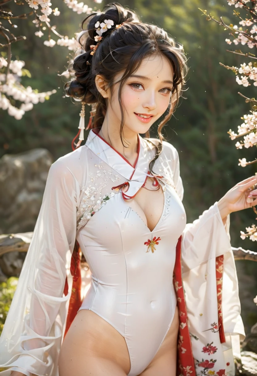 Best quality， Ultra-high resolution， （Realistically：1.4），Cute hairpin，Baoyu Girl， A pair of clear and moving peach blossom eyes,Royal sisters，Sunshine on the face，Long curly hair，（in the forest：1.4），（Necklace：1.2），（White skin：1.4），（Full Body Love：1.2）Sense of atmosphere，A beautiful girl， Smile，Look directly at the audience， Close-up cleavage ，(Reality:1.4),1 girl,Sexy,(Upper Body:1.4),(Wet),(:1.2)