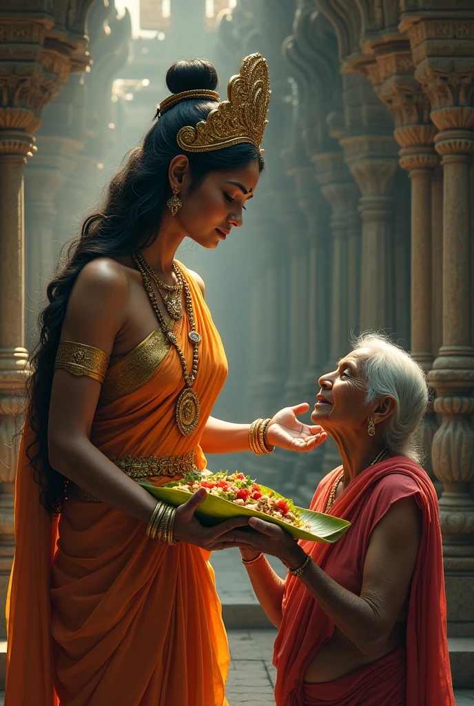 A single indian god devi god giving wish to a old women holding a food in bananna leaf
