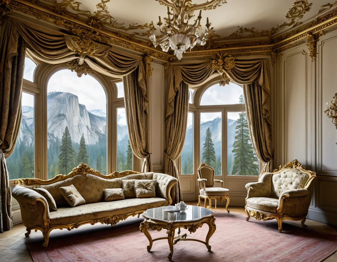 A sofa and a chair in a room with a large window, luxurious baroque rococo setting, Rococo style, ornate retreat, Rococo and Art Nouveau fusion, rococo architecture, ornate furniture, rococo and baroque styles, neo-rococo expressionist style, Rococo and Art Nouveau, Yosemite National Park in the background, exquisitely ornate, rococo baroque, elegant and ornate