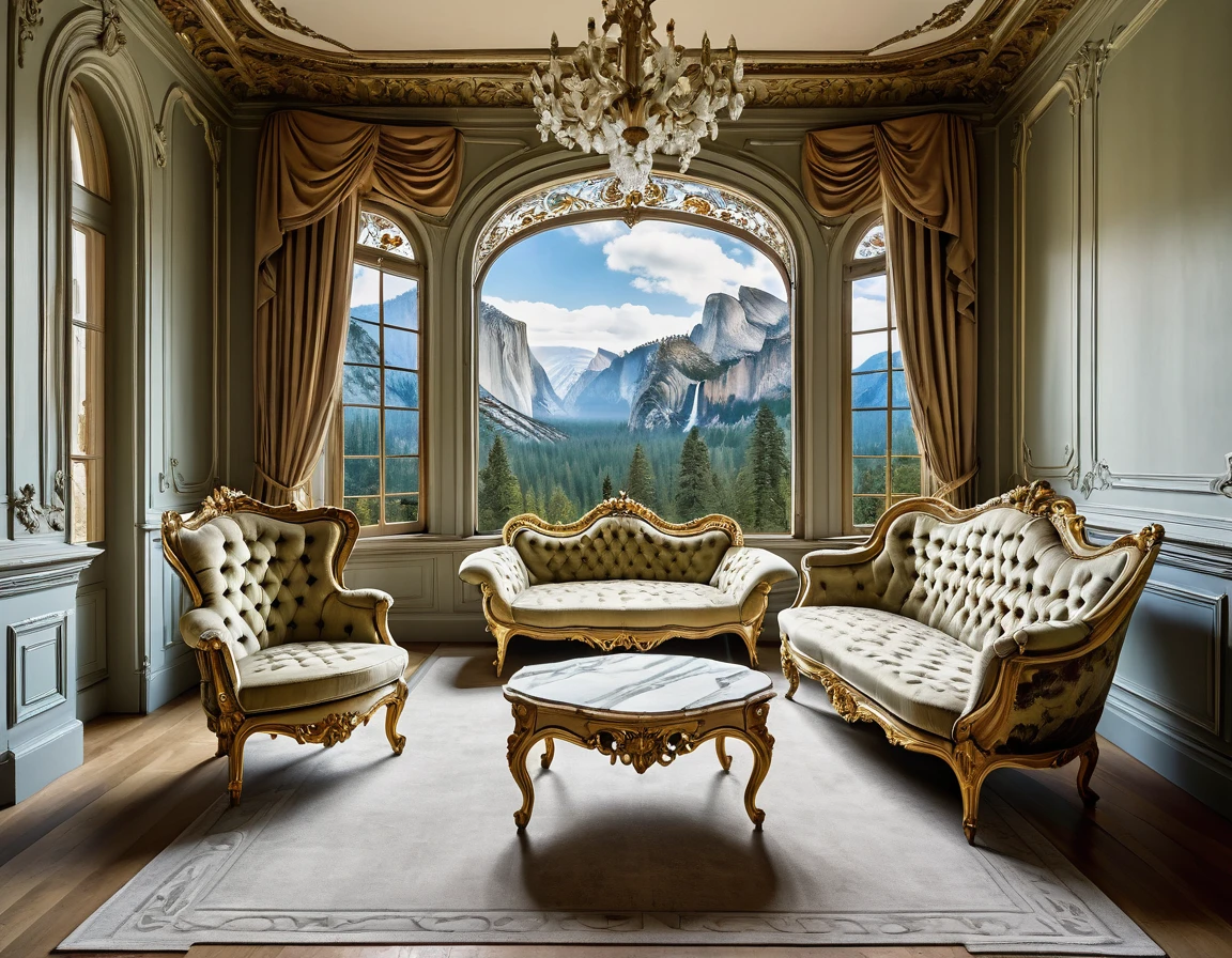 A sofa and a chair in a room with a large window, luxurious baroque rococo setting, Rococo style, ornate retreat, Rococo and Art Nouveau fusion, rococo architecture, ornate furniture, rococo and baroque styles, neo-rococo expressionist style, Rococo and Art Nouveau, Yosemite National Park in the background, exquisitely ornate, rococo baroque, elegant and ornate