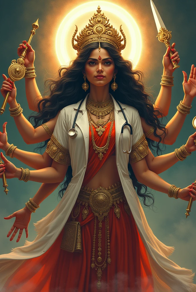 A Indian lady Doctor who has also an appearance of Devi durga with his 10 hand and weapons and stethoscope.