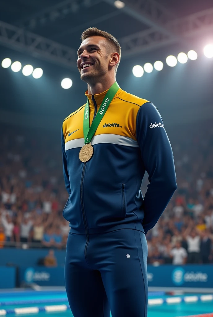Design a complete image of a swimmer during a medal presentation, dressed in a tracksuit with matching trousers. The tracksuit should prominently display the word 'deloitte' printed on it, with special emphasis on making the full stop after 'deloitte' green, as this is a key detail.